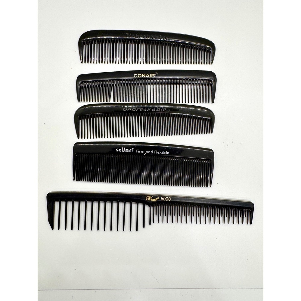 Vintage Black Hair Comb Lot Conair Scunci Krest 6000 Unbreakable 5pc Set